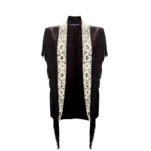 French Connection Size 10 Embroidered Tassel Fringe Vest Black Cowgirl Western